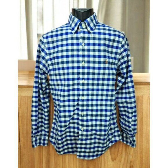 Ralph Lauren Stretch Oxford Slim Fit Dress Shirt Medium Blue Check - Picture 1 of 8